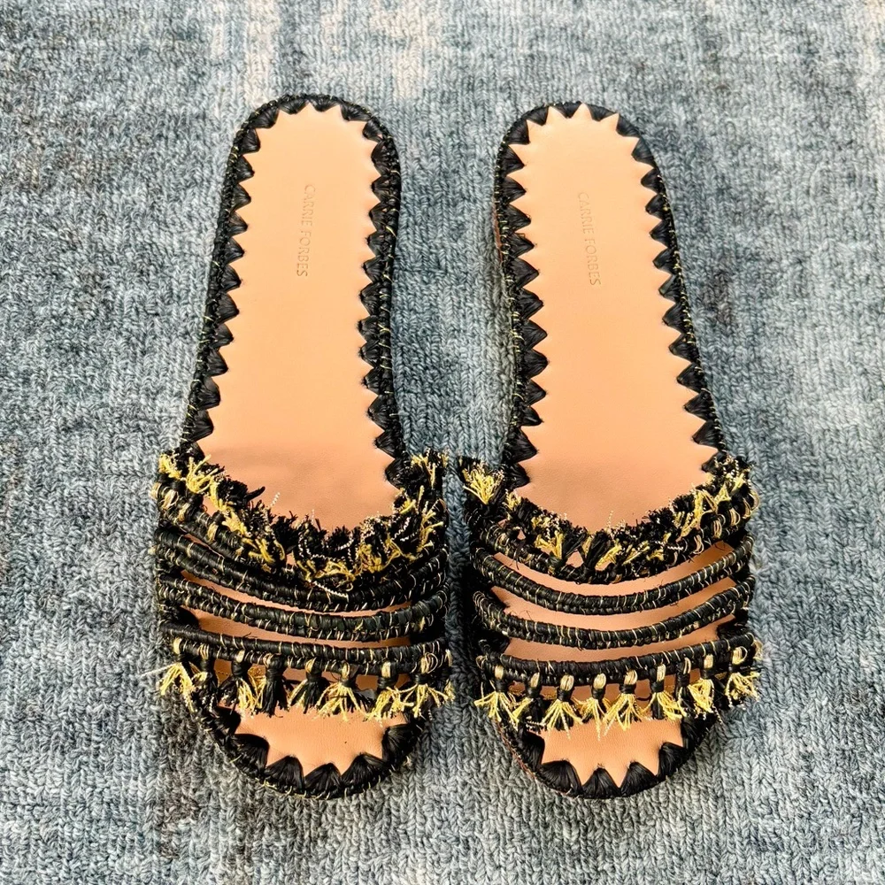Carrie Forbes Mars Raffia Woven Sandals Black & Gold NEW